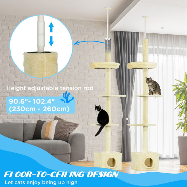 Floor-to-ceiling cat tree with scratching post, house and bed, beige