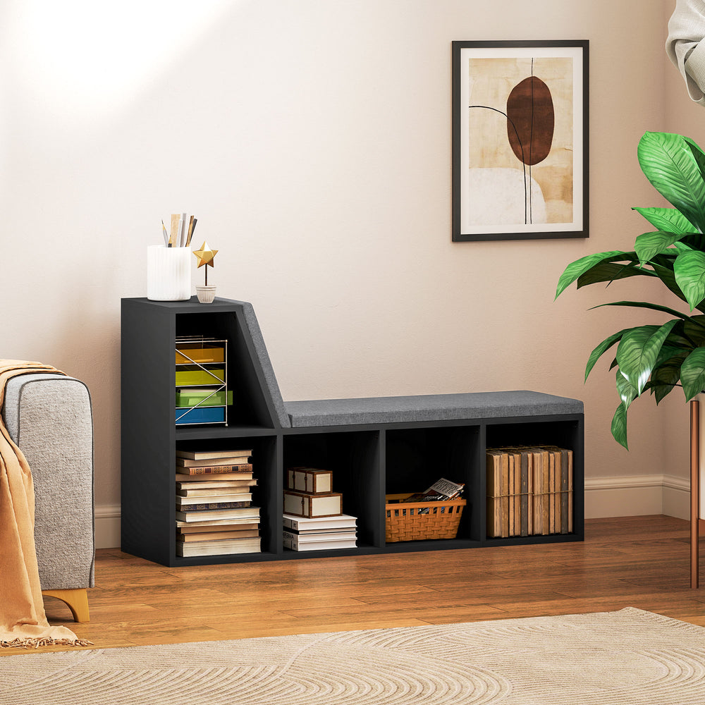 Bookcase with 5 compartments and padded reading corner, aged black