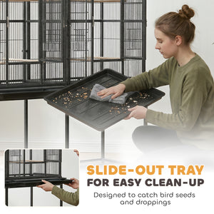Large double bird cage with removable divider, stand with wheels and accessories – Black