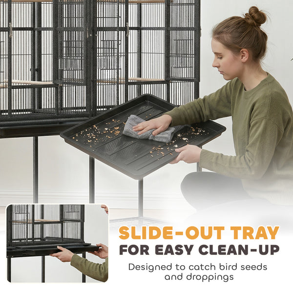 Large double bird cage with removable divider, stand with wheels and accessories – Black
