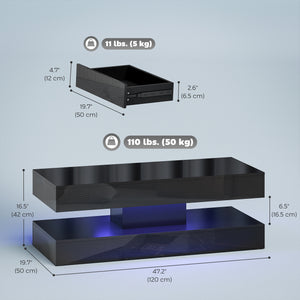 Coffee table with adjustable LED lighting, 2 drawers, open shelf, remote control, glossy black