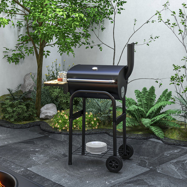 Charcoal barbecue with thermometer, shelves and wheels, black