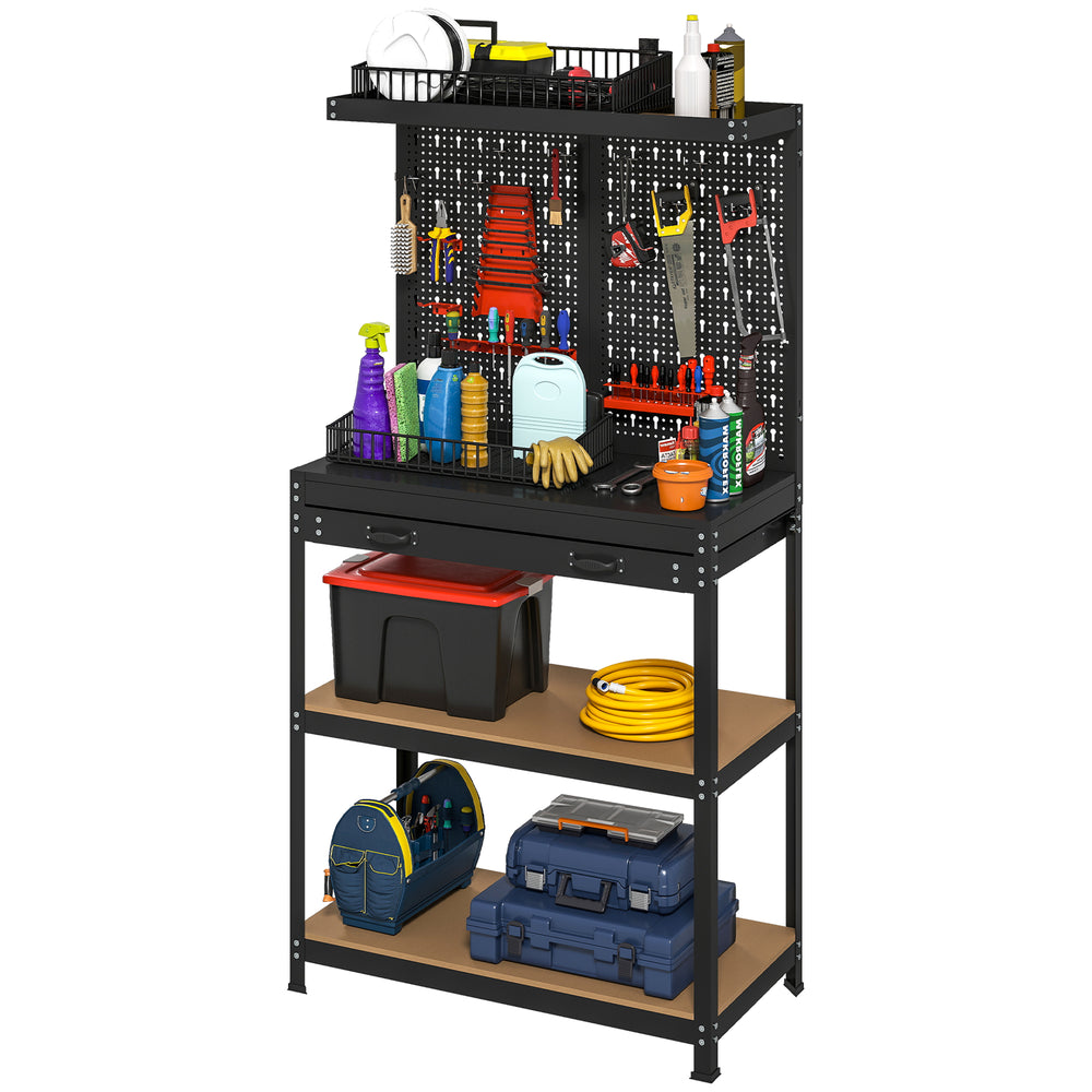 Sturdy metal workbench with 2 lower shelves and a large drawer, black