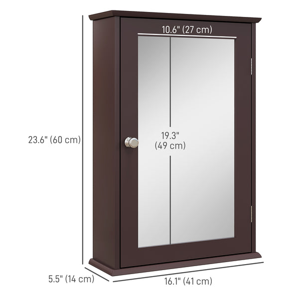 Wall-mounted medicine cabinet with door and shelves, dark brown