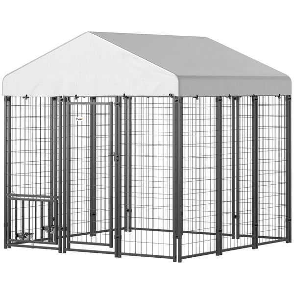 Outdoor Dog Kennel with Waterproof and UV Resistant Cover, 4-Level Rotating and Adjustable Bowls, 1.8 x 1.8 x 1.8 m