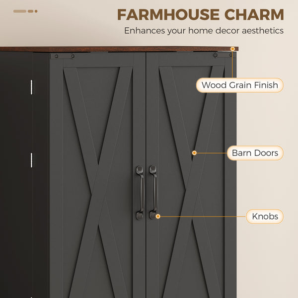Farmhouse-style tall pantry with 2 cabinets, door, and adjustable shelves, black