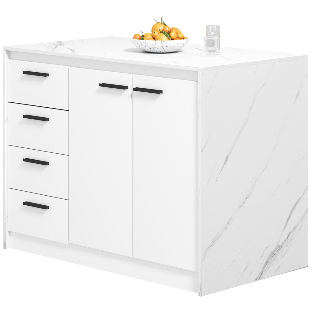 Kitchen island with storage unit, 4 drawers and adjustable shelf in marble effect and white