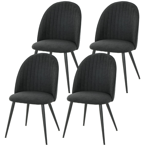 Set of 4 modern dining chairs with metal legs, shell back, and upholstered seat, black.
