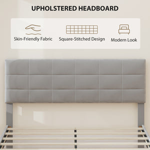 Queen Size Bed Base with Upholstered Headboard, Gray