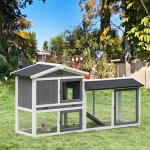 Wooden hutch with run, play tray, pull-out drawer, and ramp