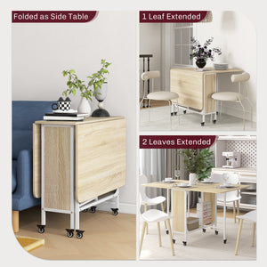 Extendable Folding Dining Table for Small Spaces, 6 Casters, Natural Wood