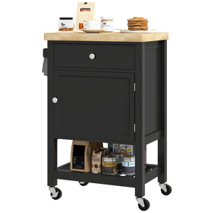 Kitchen island on wheels with wooden top, towel rack, drawer and shelf, black
