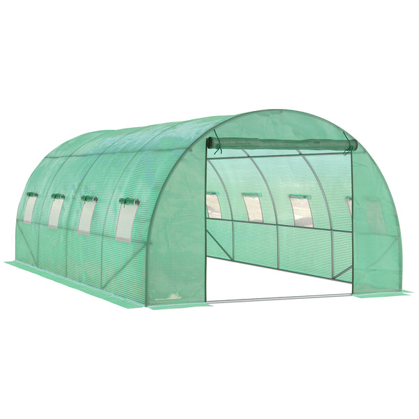 Tunnel greenhouse with roll-up zippered door, 8 mesh windows, green