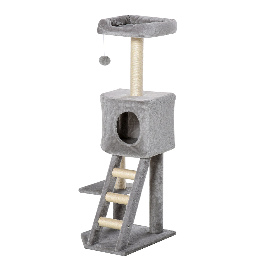 119 cm high cat tree with niche, ladder, scratching posts and hanging ball, light grey