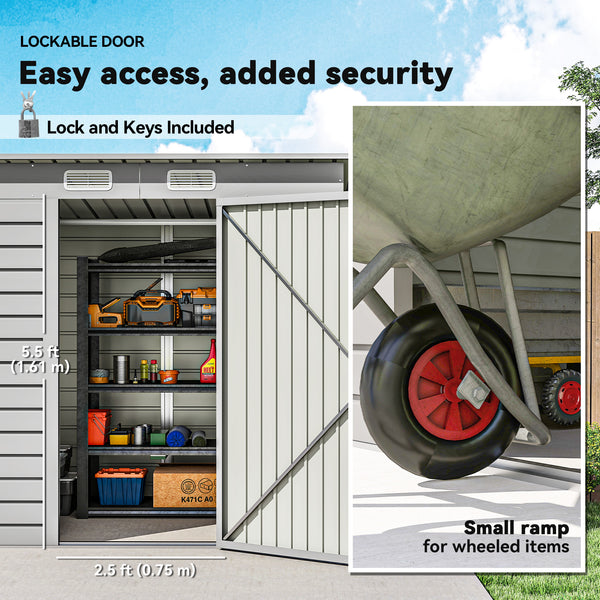 Galvanized metal garden shed with double doors and 2 vents, light grey