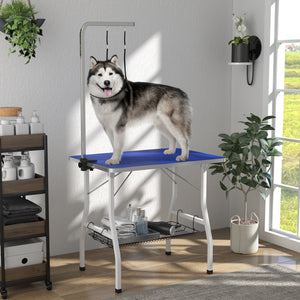 Dog grooming table with adjustable arm, mesh tray and two leashes, blue