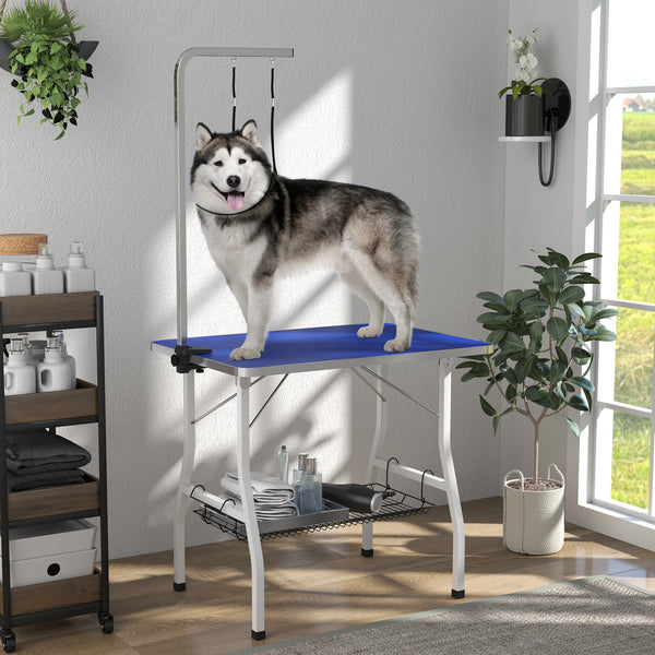 Dog grooming table with adjustable arm, mesh tray and two leashes, blue