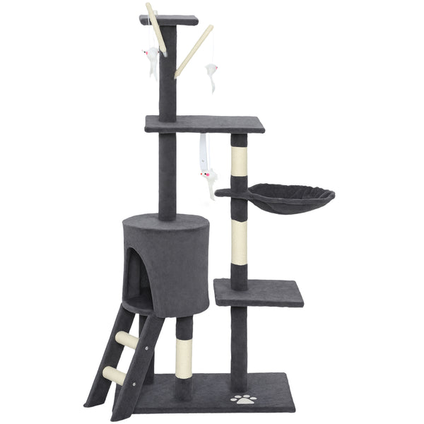 Cat tree with scratching posts, cat house, perches, ladder, hammock, hanging toys, dark grey