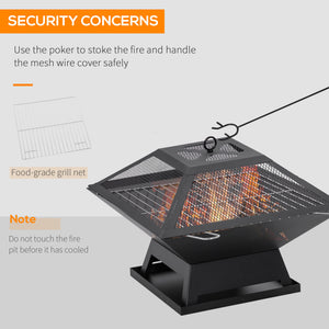 Wood-burning fireplace with cooking grate, spark screen and poker, black