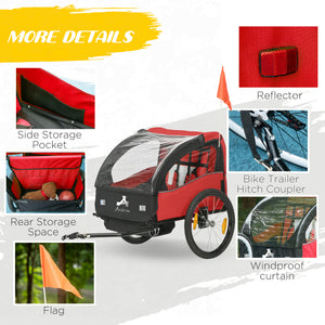 2-seater bicycle trailer with storage bag, 5-point harness, red 