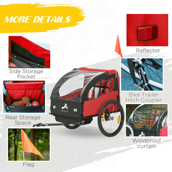 2-seater bicycle trailer with storage bag, 5-point harness, red 