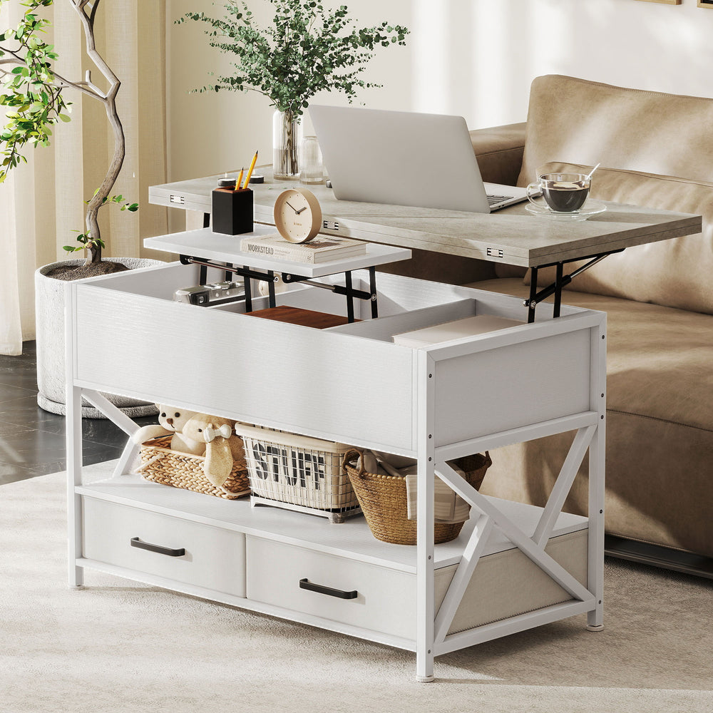 Lift-top coffee table with double adjustable surface, hidden storage, and 2 drawers – White and cement gray