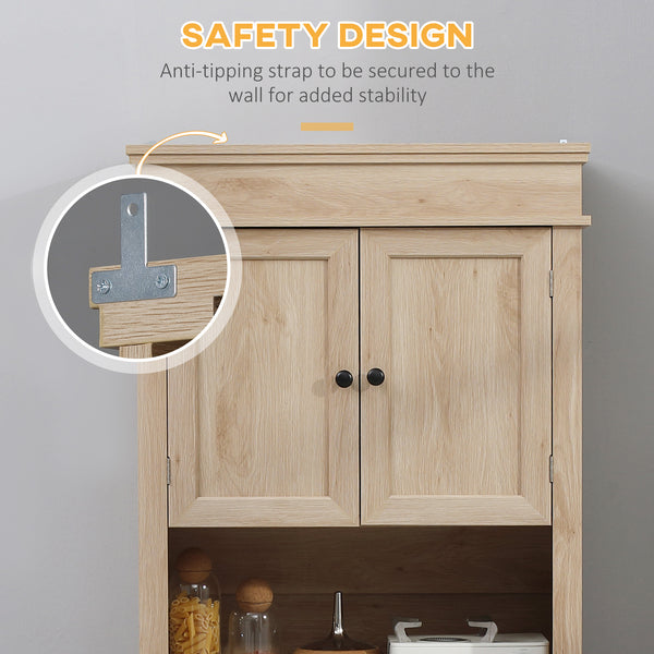 Modern kitchen cabinet with doors, open and adjustable shelves, oak