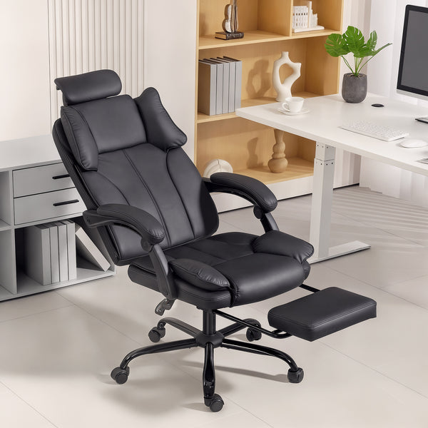 Reclining office chair with pet-friendly fabric upholstery, headrest, footrest, and swivel casters, black