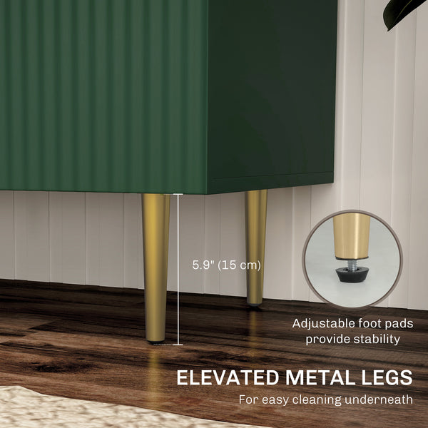 Modern kitchen storage cabinet with adjustable shelves and metal legs, green