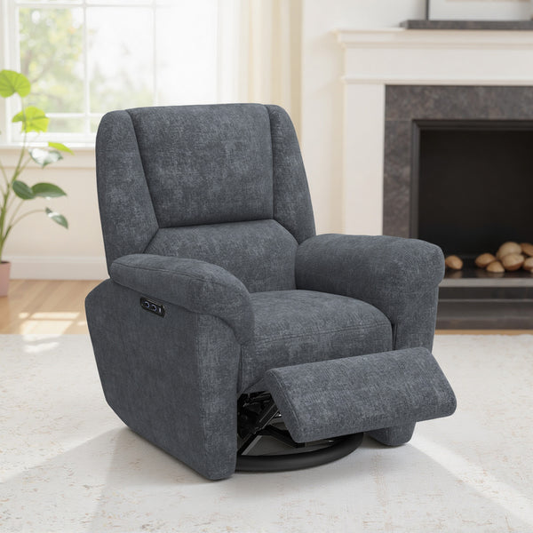 Electric reclining chair, fabric upholstery, USB ports, swivel and rocking function, footrest, dark grey