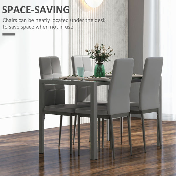 Rectangular Glass Kitchen Table and Chair Set with Metal Frame and Faux Leather Upholstery for Dining Room, Grey