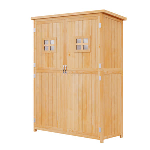 Wooden garden shed with windows and double doors, natural wood