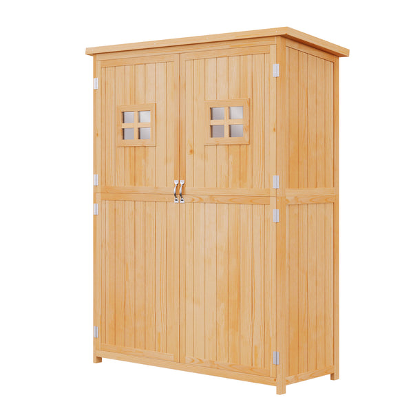 Wooden garden shed with windows and double doors, natural wood