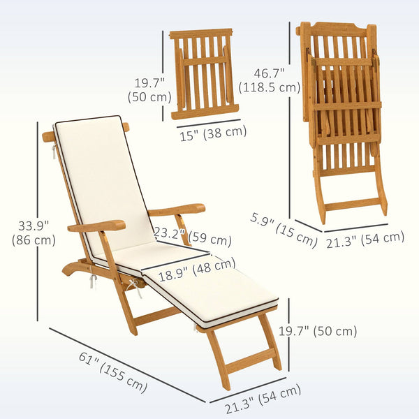Folding Sun Lounger with Padded Cushion, Acacia Wood Recliner with Footrest for Garden, White