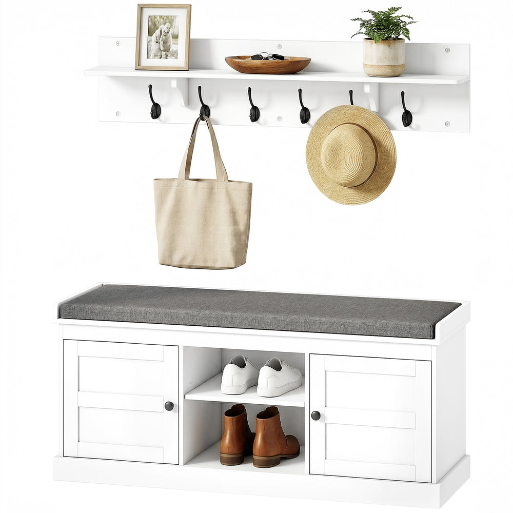 2-in-1 Set: Coat Rack and Shoe Bench with 6 Hooks and Shoe Storage, White and Grey.