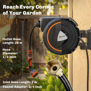 Retractable Garden Hose Reel, 1/2" x 92ft Wall Mounted Hose Reel with 12-Pattern Nozzle, Auto Retraction, Self-Locking