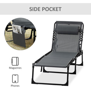 Folding chaise lounge with adjustable backrest and removable cushion, grey 