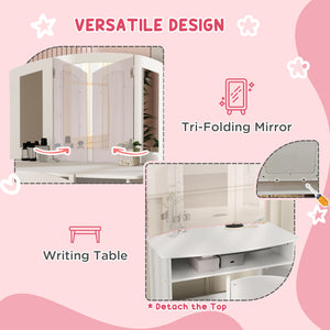 2-in-1 Dressing Table with Tri-Folding Mirror, Stool and Storage Shelf, White