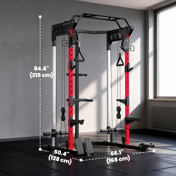 Weight training cage with adjustable pulley system, pull-up bar, dip station, Landmine pull-up bar