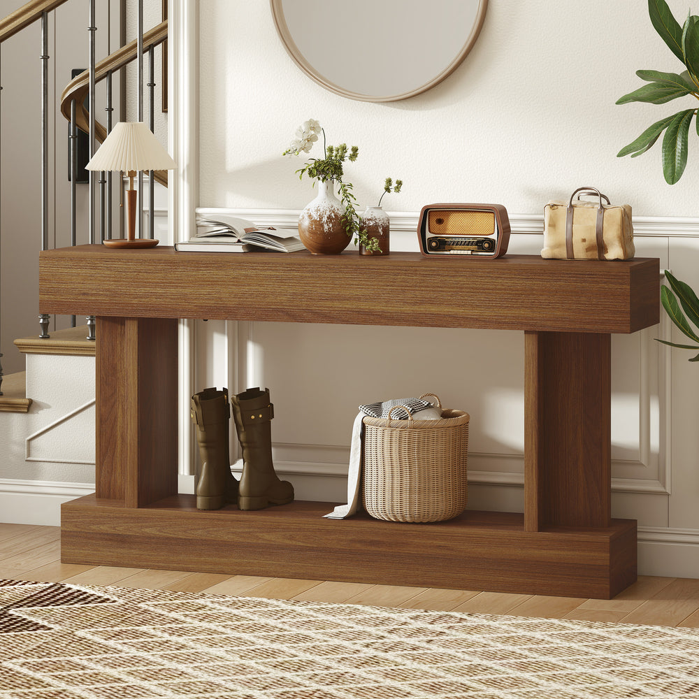 Vintage-style console table, narrow, with storage shelf, dark brown