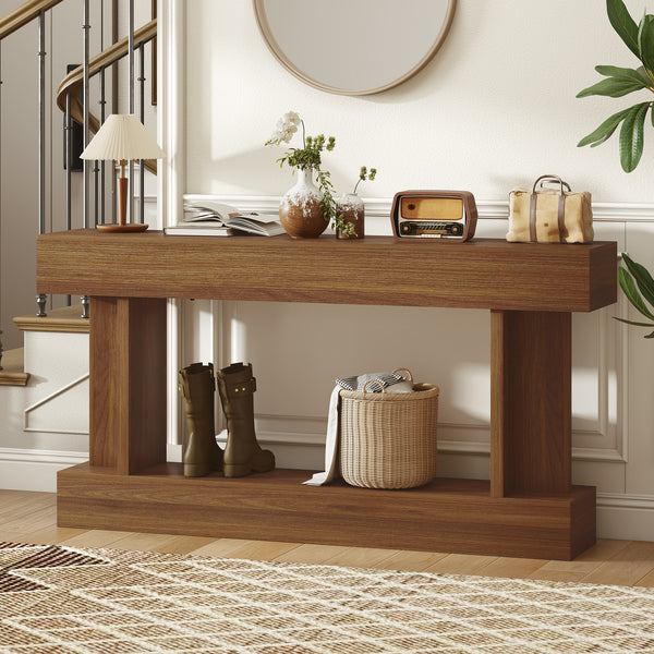 Vintage-style console table, narrow, with storage shelf, dark brown