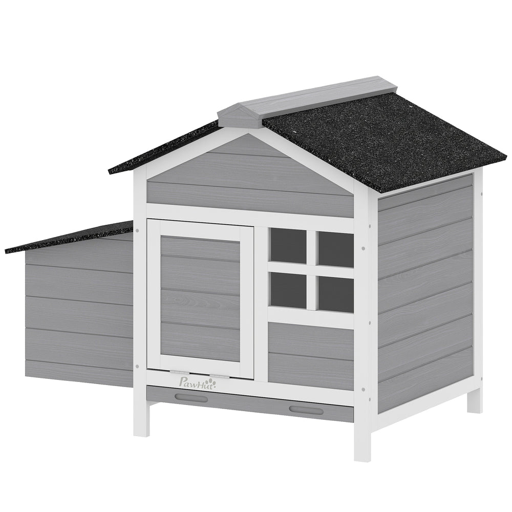 Wooden chicken coop with nesting box and removable metal tray