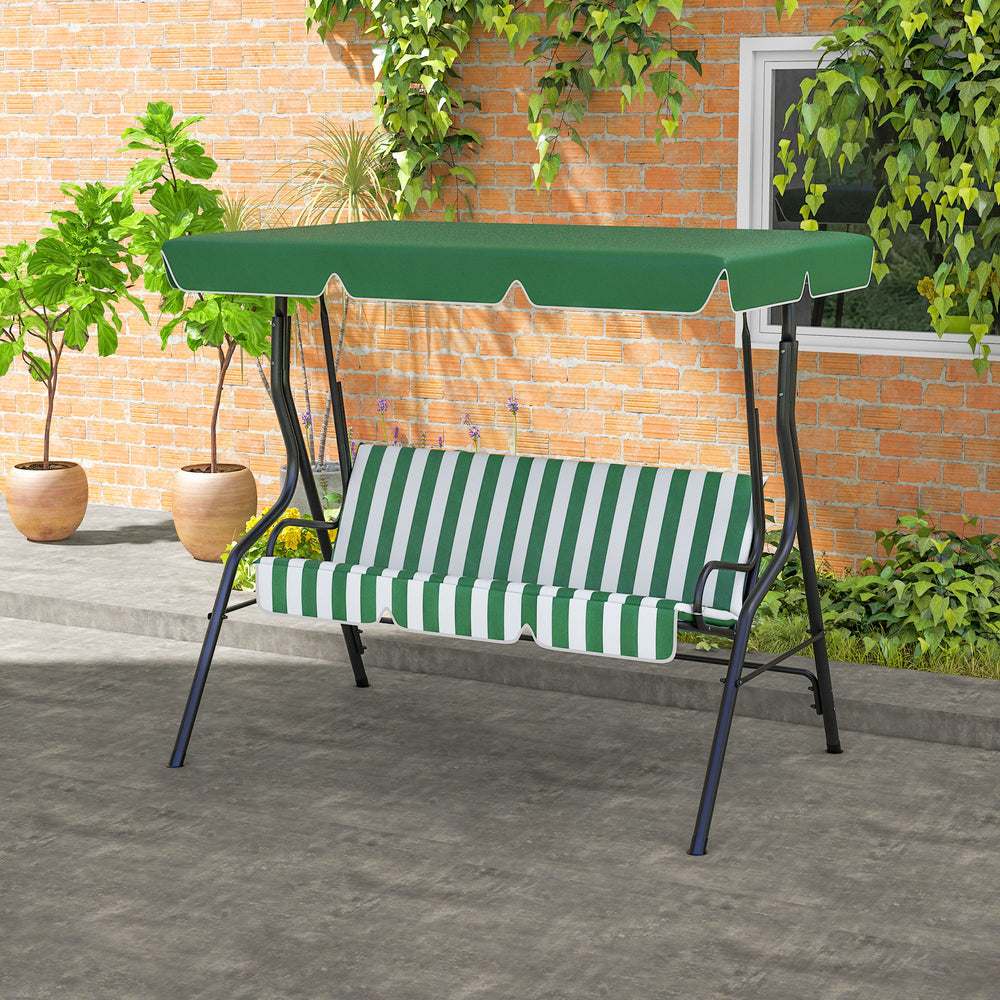 Outdoor swing chair with adjustable canopy, removable cushion and weather-resistant steel frame, green and white
