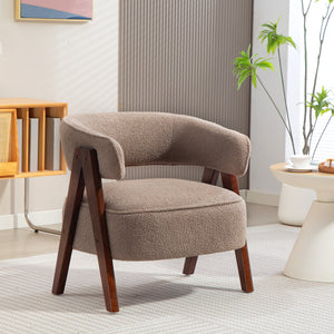 Sherpa Fleece Accent Chair with Solid Wood Legs, Light Brown