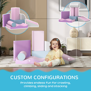 Set of 7 modular soft foam climbing blocks for children, pink/purple