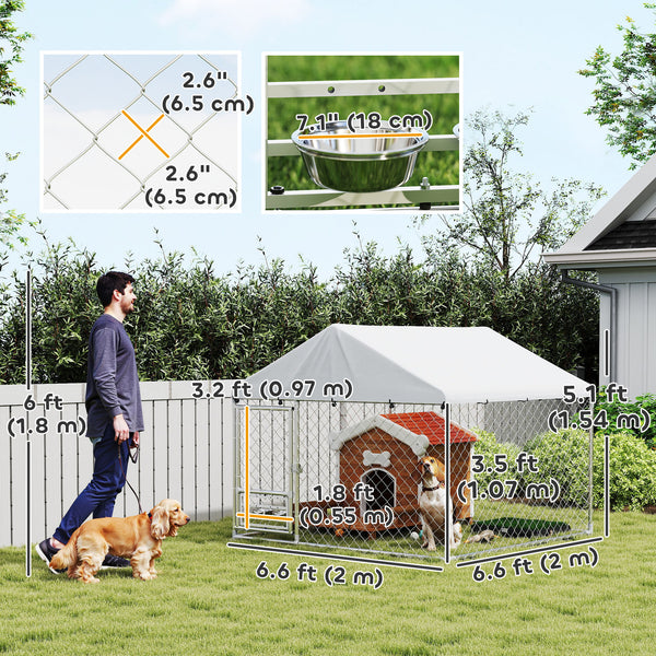 Outdoor dog kennel with adjustable and rotating bowls