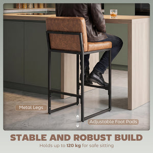 Set of 2 faux leather bar stools with curved backrest and footrest, brown