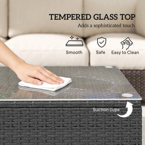 Outdoor coffee table in PE woven resin with glass top, dark grey