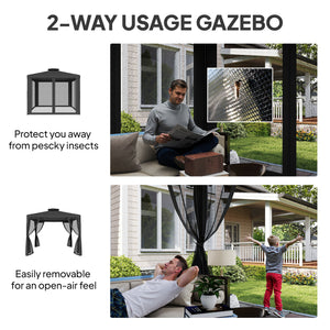 9.6' x 9.6' garden pavilion with steel frame and mosquito netting, dark grey