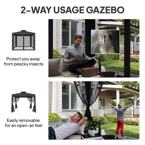 9.6' x 9.6' garden pavilion with steel frame and mosquito netting, dark grey